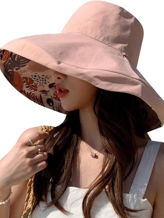 Women Wide Brim Summer Sun Hat Wired Edge Beach Bucket Fishing Hats Pink
